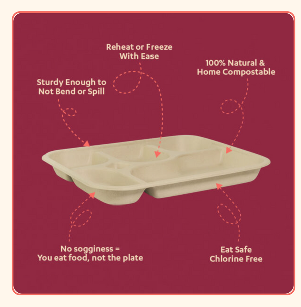 100 pack 5-Compartment Bagasse Meal Tray